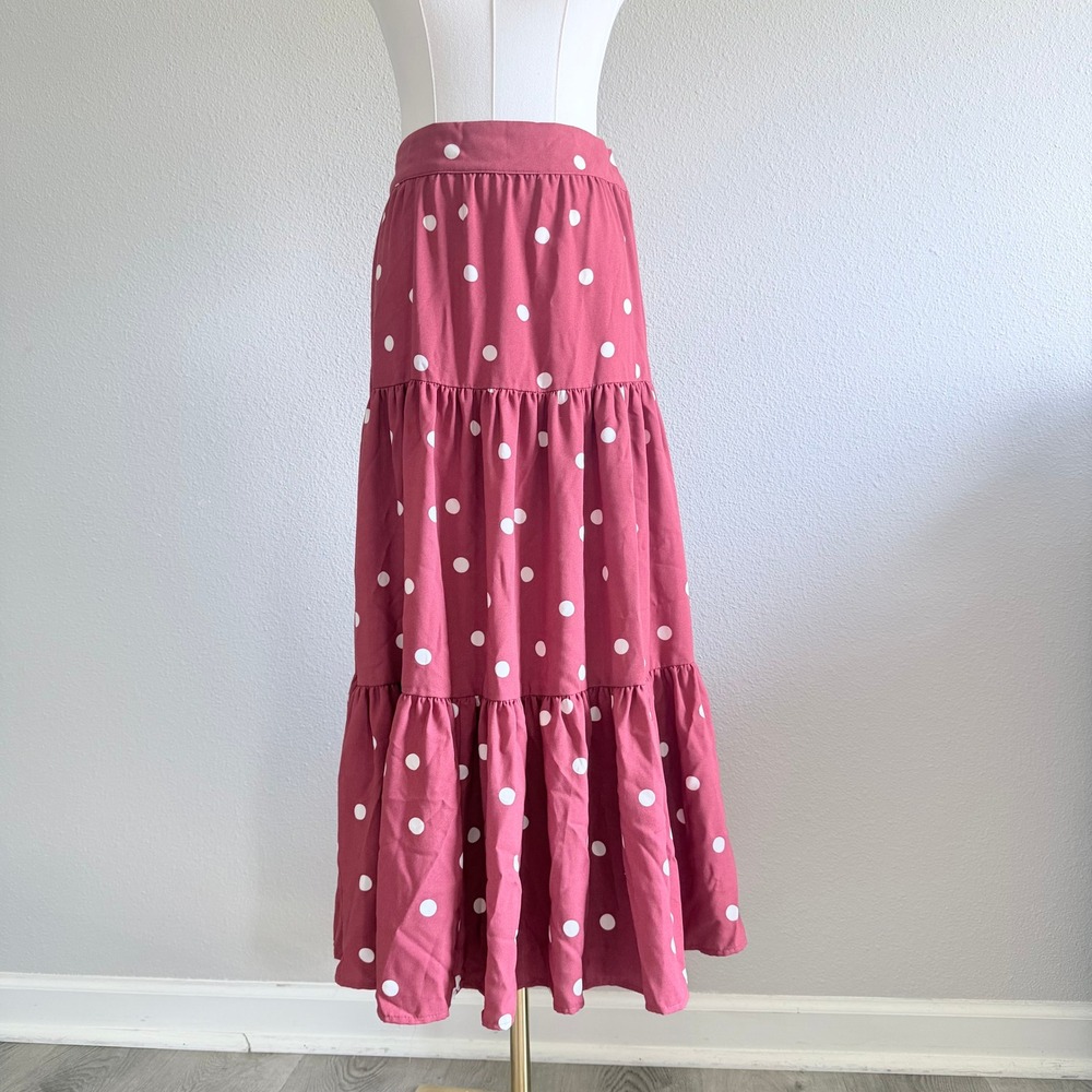 Lauren Conrad Polka Dot Tiered Maxi Skirt Sz XXL Pink Mauve Cottagecore Romantic
